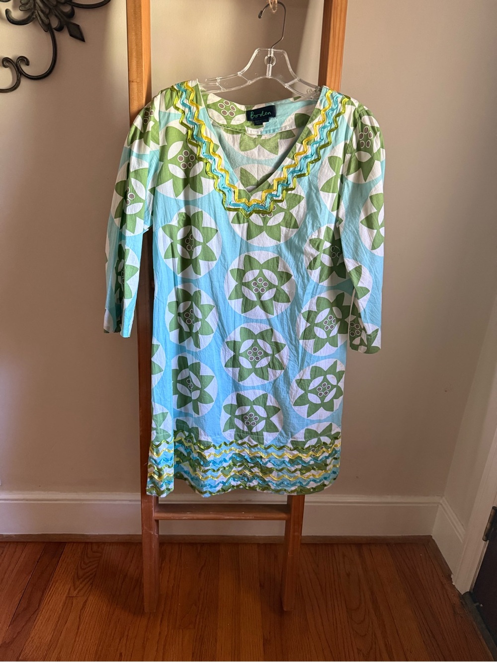 Boden Green, Blue & White V-Neck Mini Dress